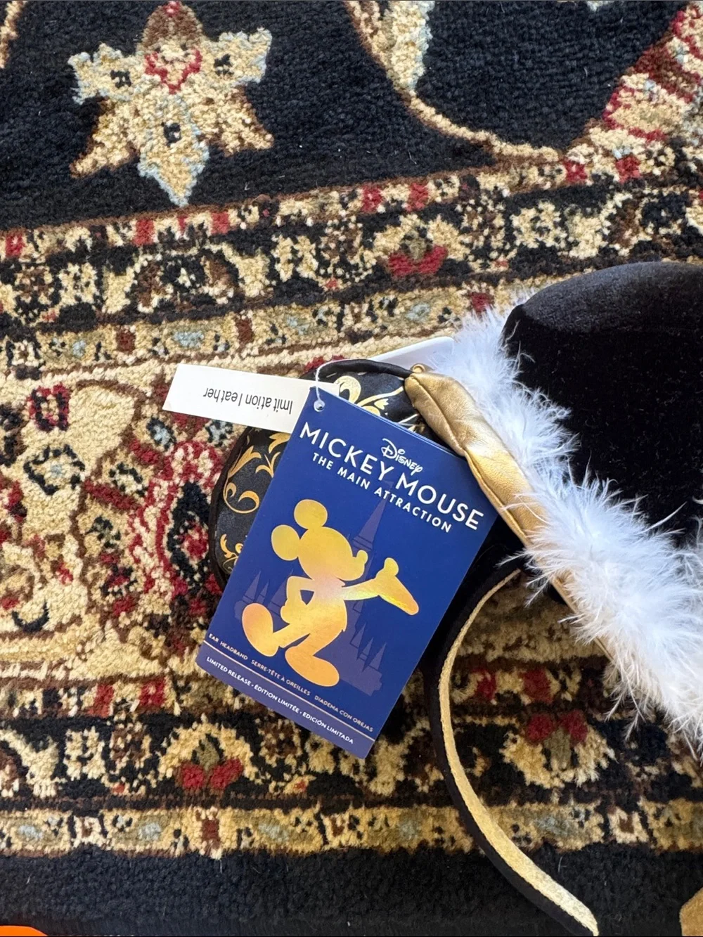 Disney Black and Gold Filigree Mouse Ear Headband with White Feather Trim